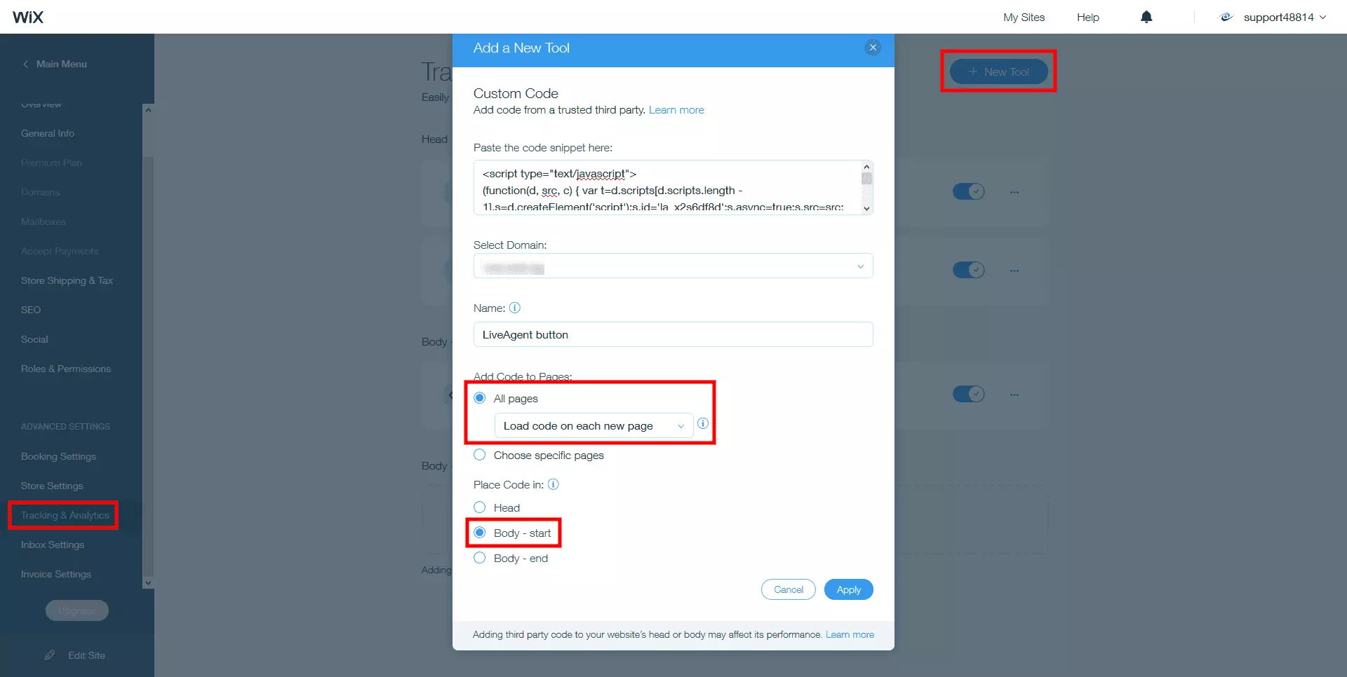 LiveAgent ライブチャットコードを Wix サイト本文に配置