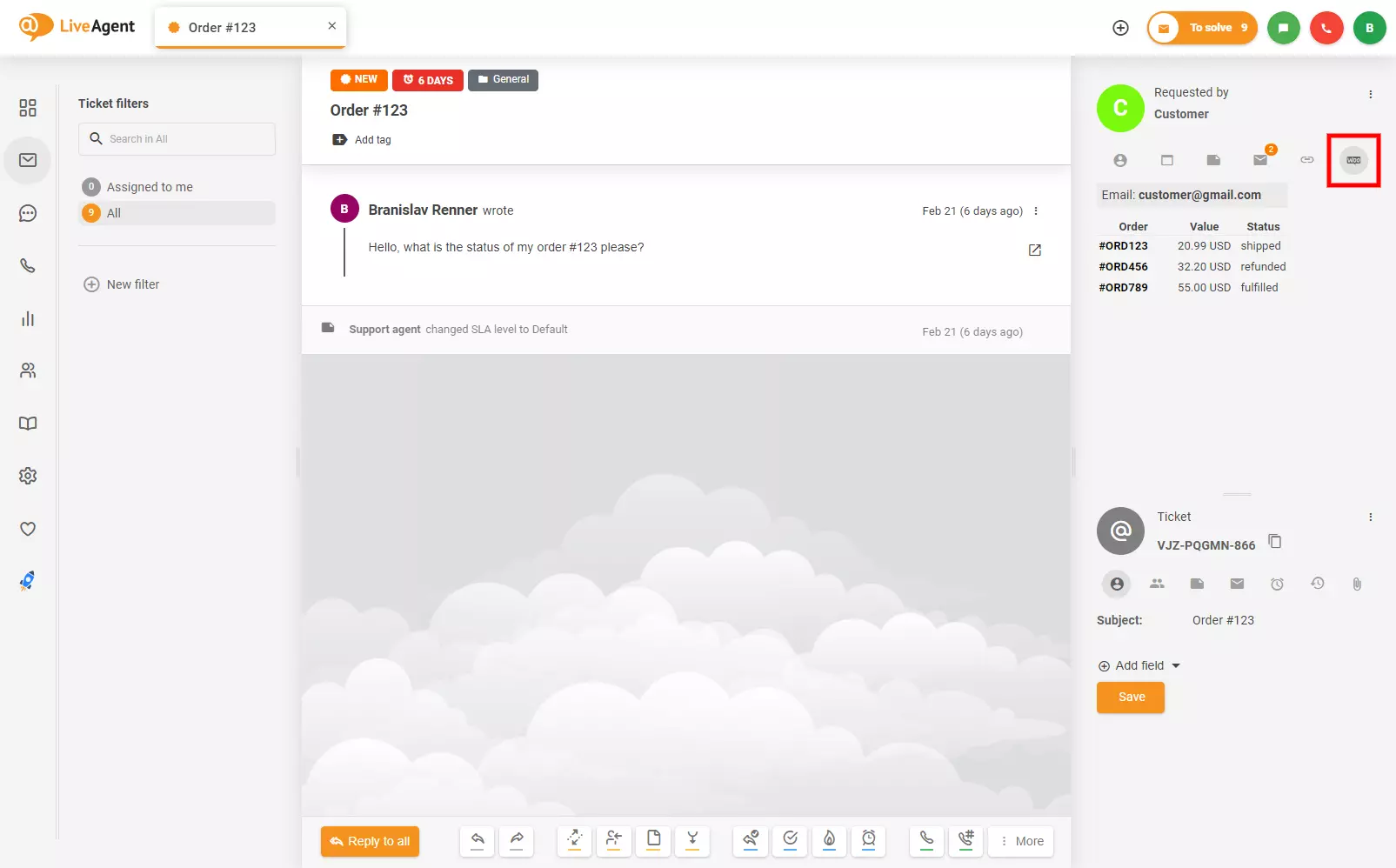 LiveAgentチケットでWoocommerce統合を見つける場所