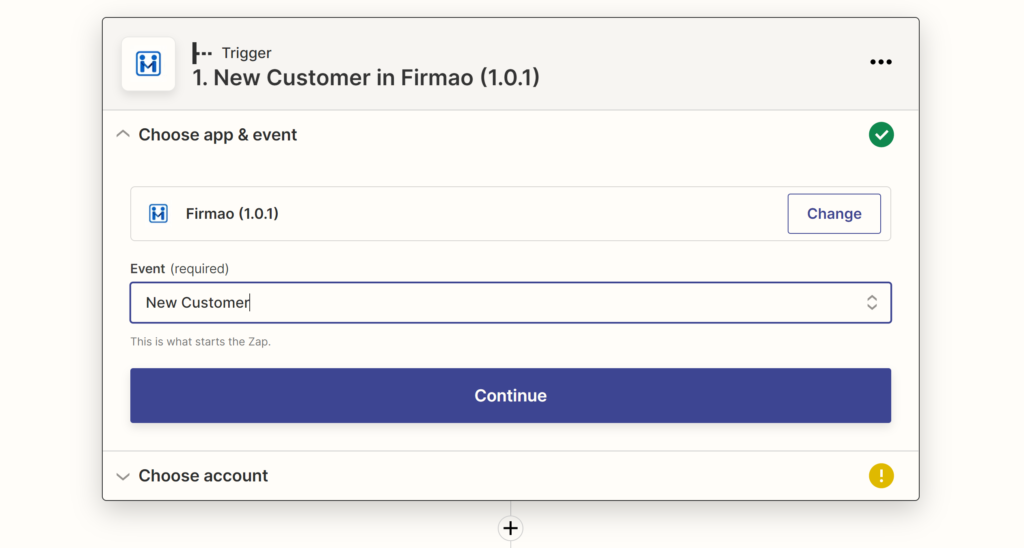Zapier上の統合構成中のFirmaoイベントの選択