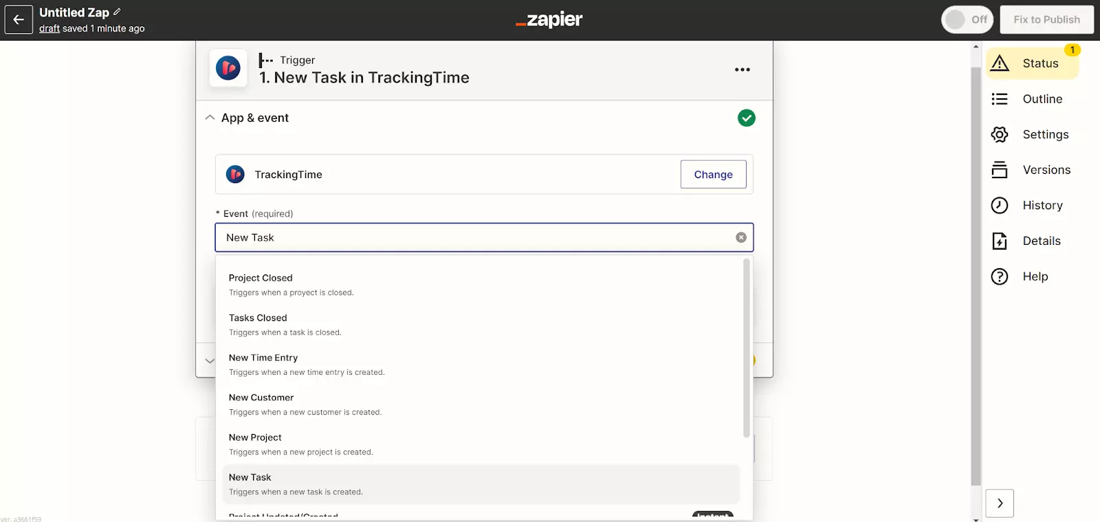 Zapier - TrackingTimeの新しいタスク