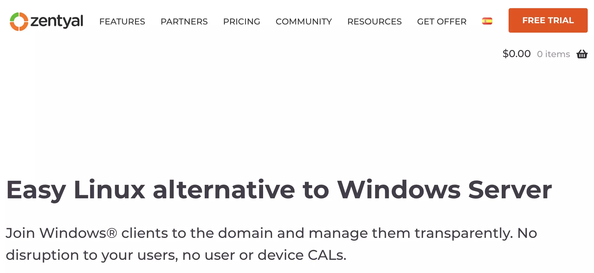 サブページと情報を含む Zentyal ホームページ