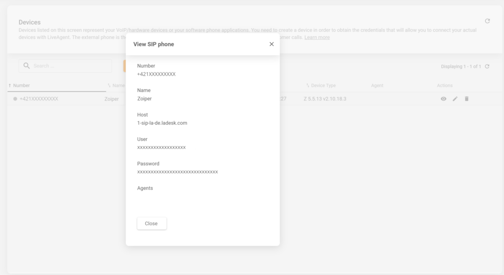 LiveAgentでSIPデバイスの詳細を見つける場所を示す画像