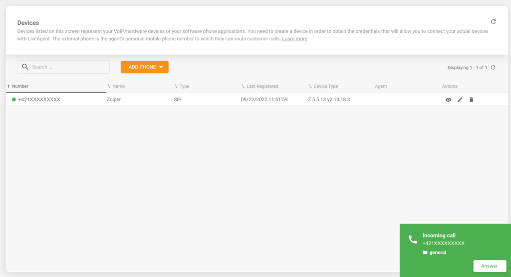LiveAgentヘルプデスクソフトウェアと正常に統合されたZoiperソフトフォンの受信通話を示す画像