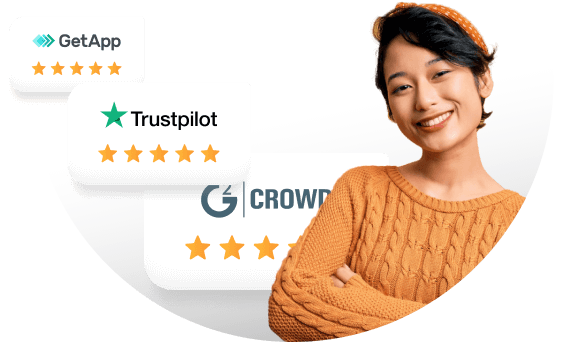 報酬の横で笑顔の女性。