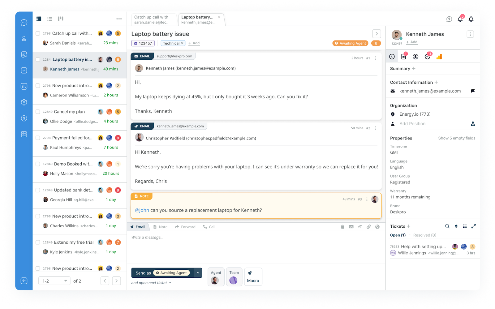 Deskpro インターフェースのスクリーンショット