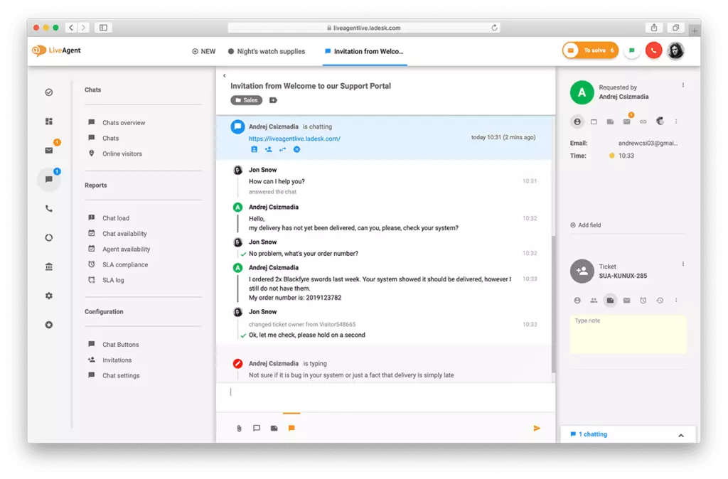 LiveAgentのライブチャット画面の概要