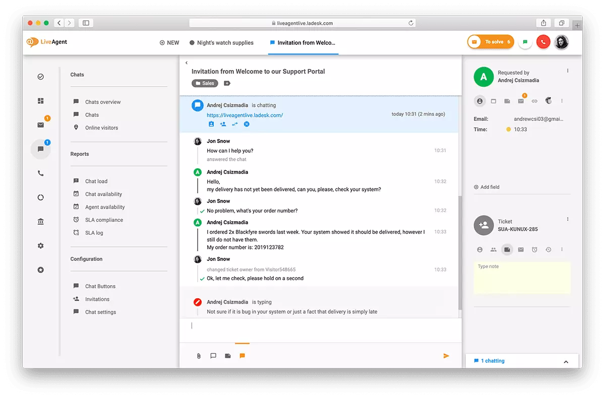 LiveAgentのライブチャットインターフェースの概要。