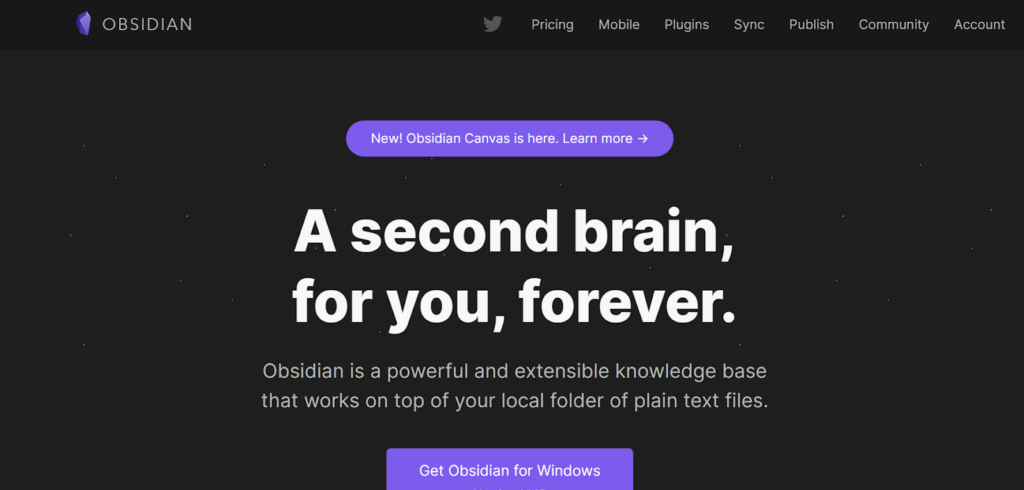 Obsidianソフトウェアホームページの視覚的表現