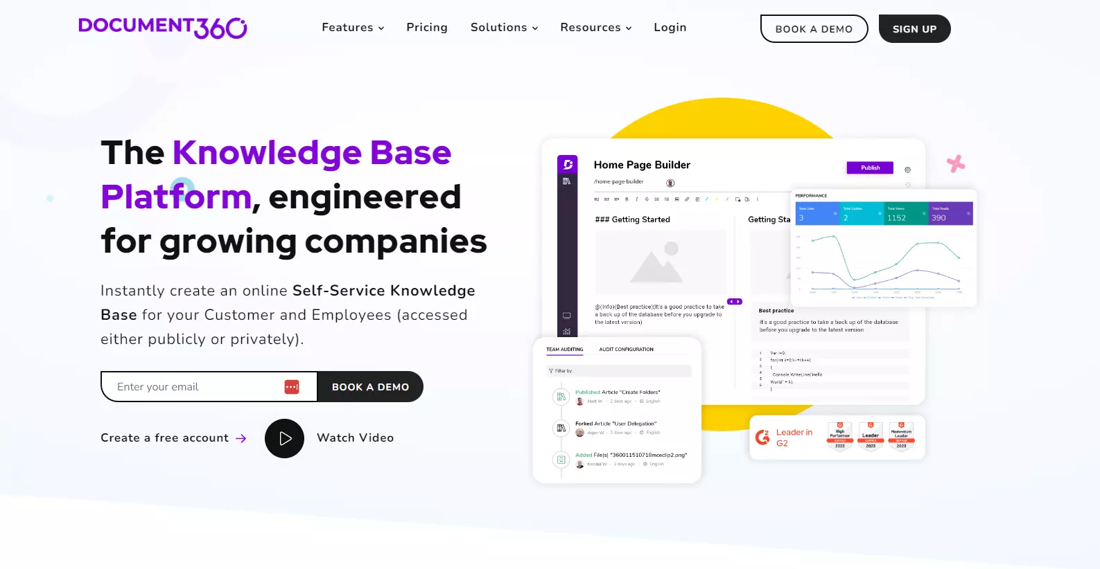 主要機能に焦点を当てたDocument360ホームページのスナップショット