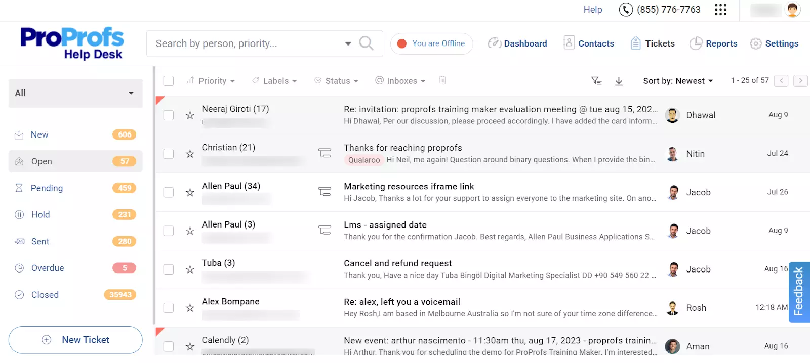 ProProfs Help Desk open tickets overview