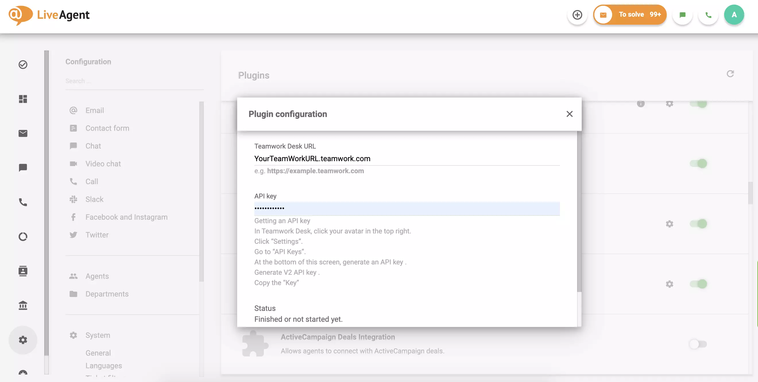 Teamwork DeskのURLとAPIを入力し、保存をクリック。