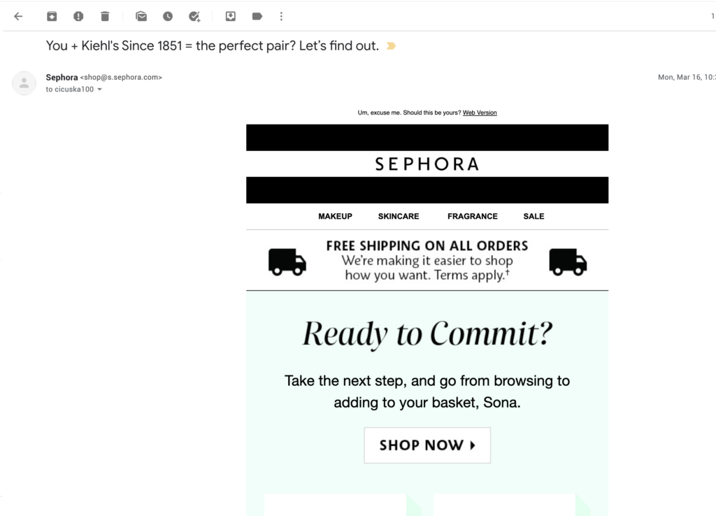 Shopping cart abandonment email example by Sephora