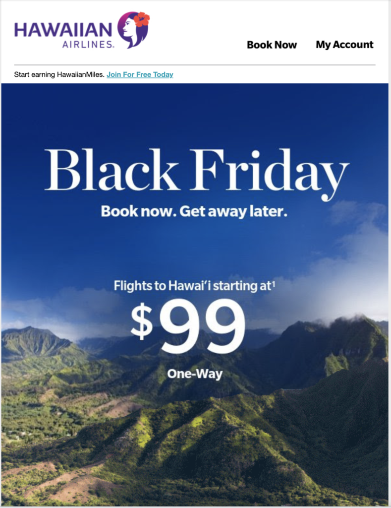 Hawaiian Airlines Black Friday email campaign