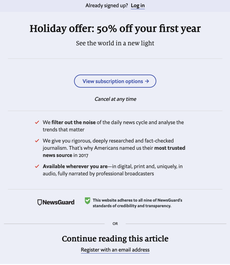 The Economist asks its readers to pay for a subscription or register for a free account to continue reading the article