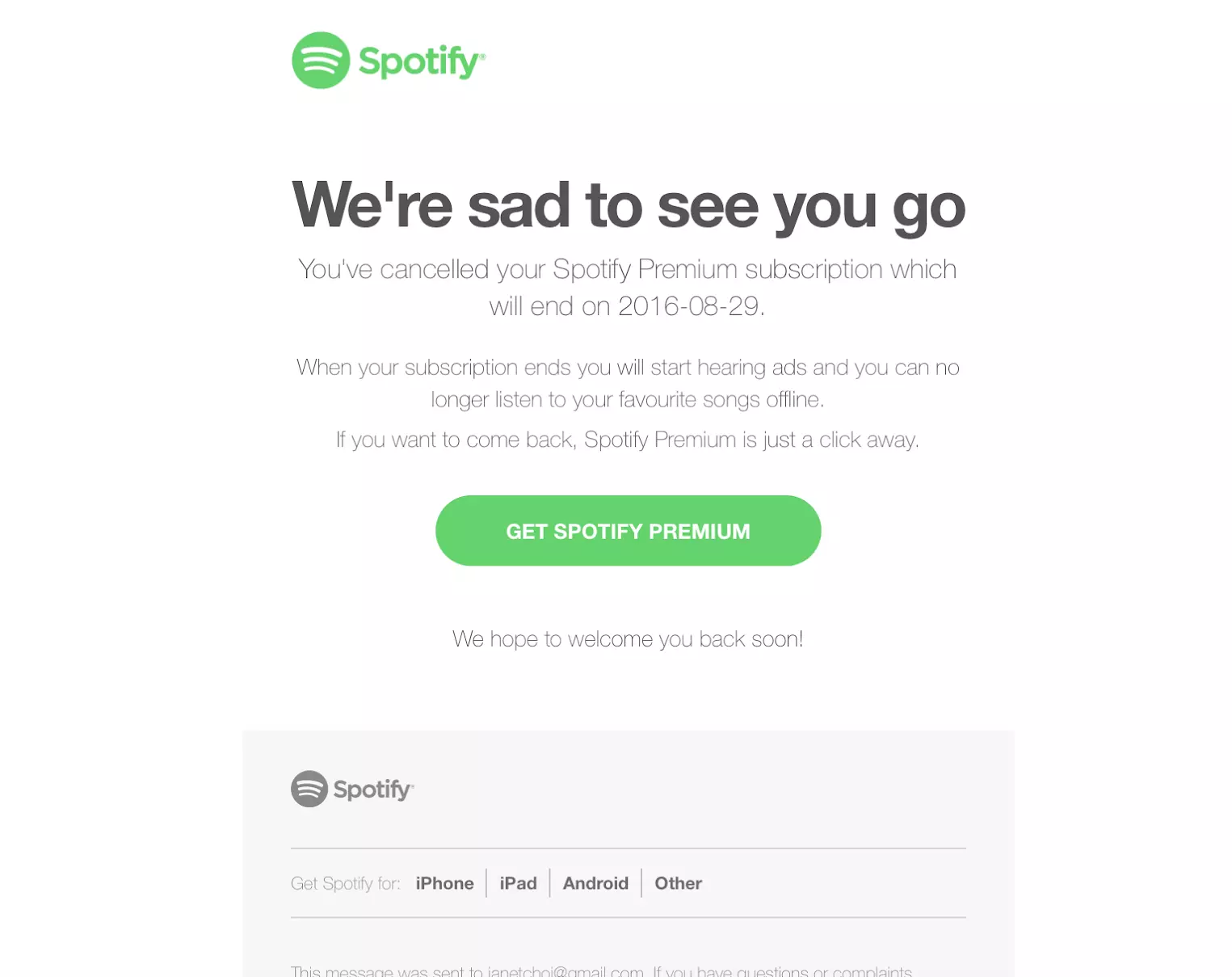 Spotify cancellation email example