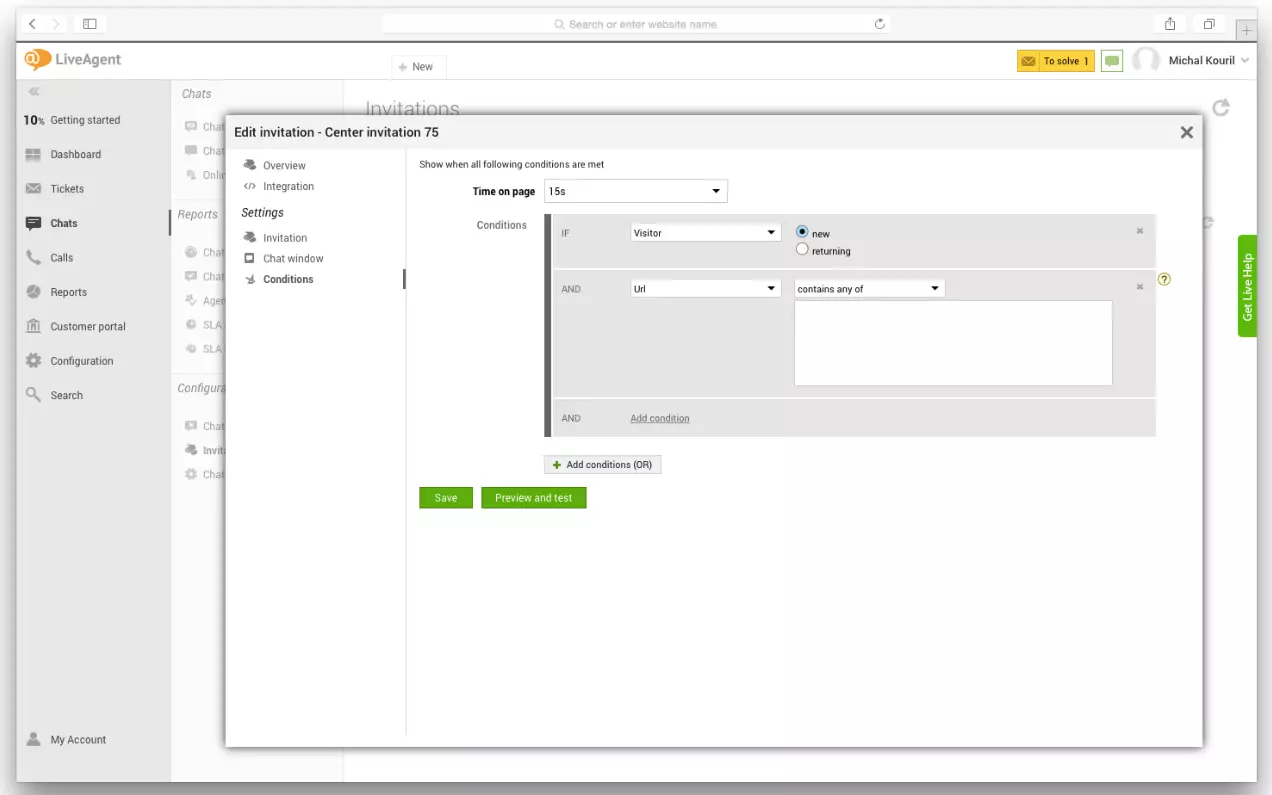 プロアクティブなチャットトリガーを設定する方法を示すLiveAgent設定