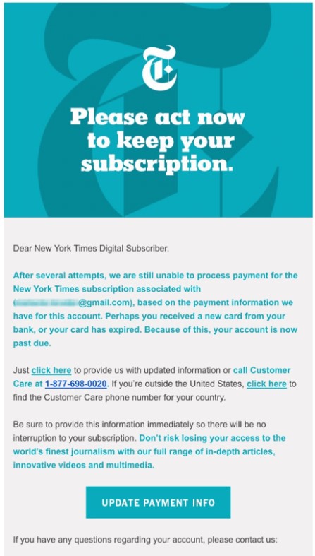 New York Times dunning email example