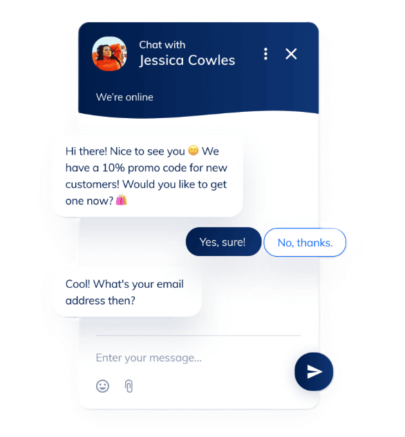 プロモコードを提供し、ユーザーのメールアドレスをリクエストするライブチャットインターフェース