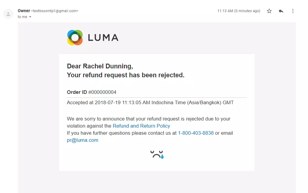 返金リクエスト拒否メールの例