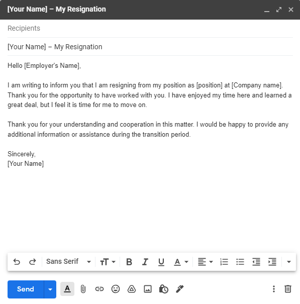Email template - Resignation