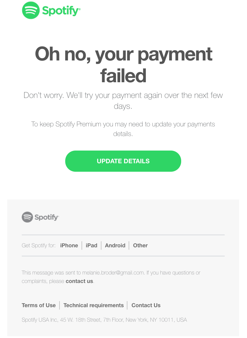 Spotify dunning email example