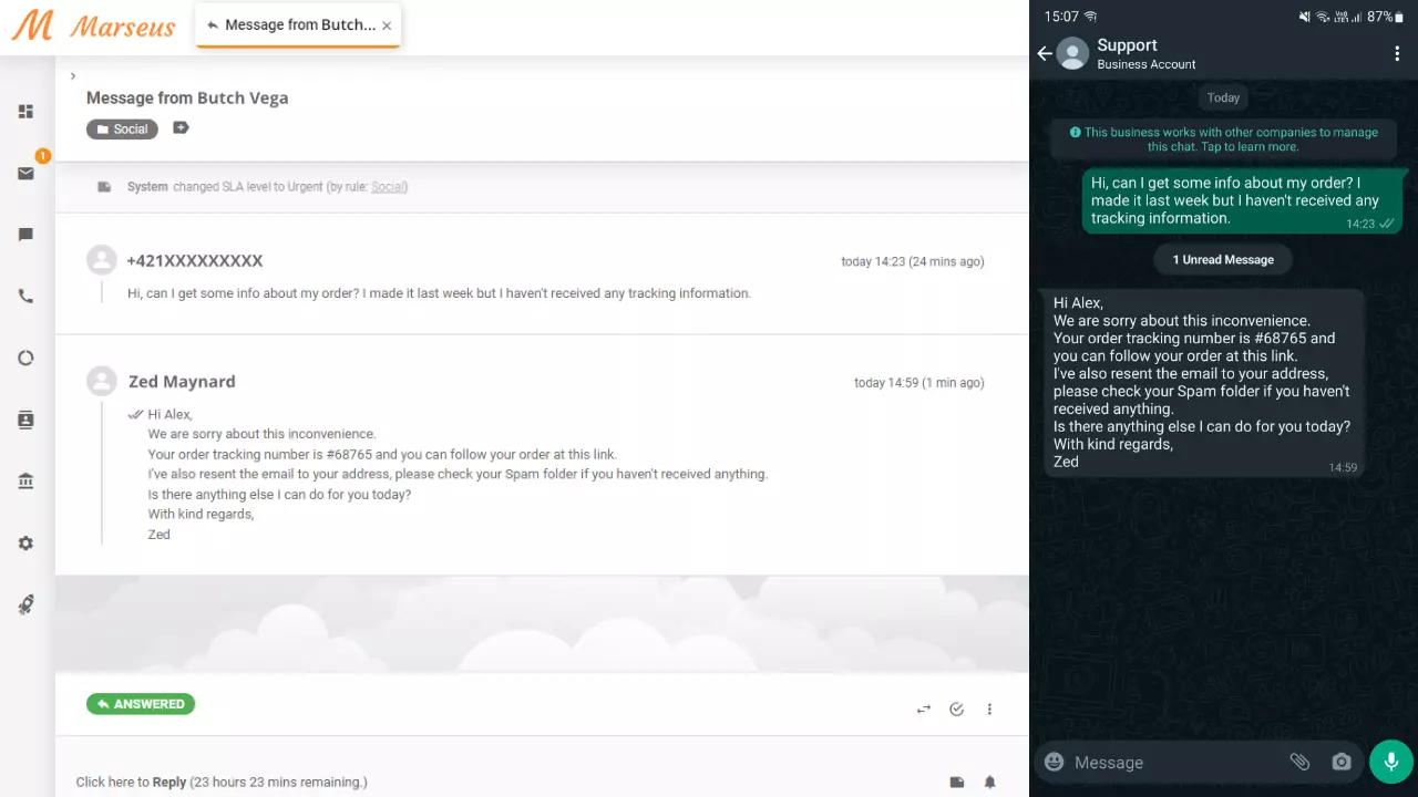 LiveAgentでチケットとして表示されるWhatsAppメッセージ