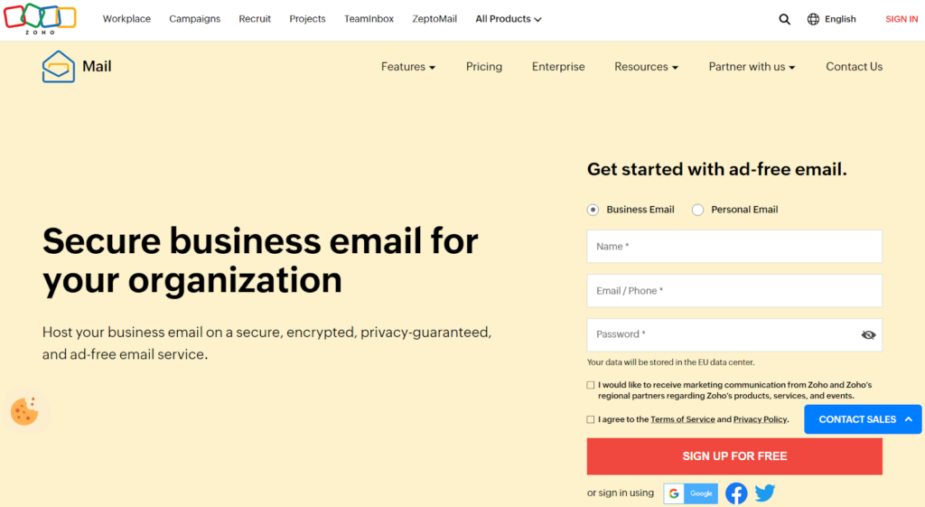 Zoho Mailホームページ